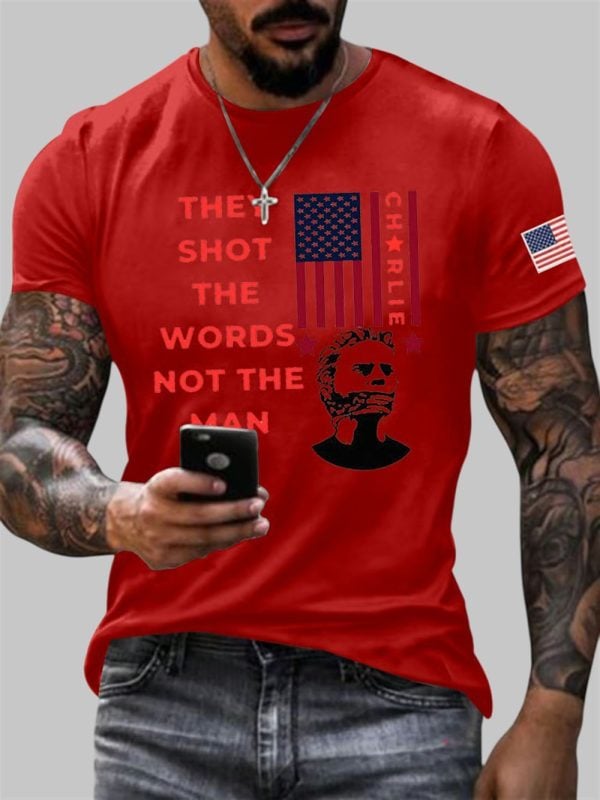 Mens Charlie Kirk They Shot The Words Not The Man Turning Point USA Print Short Sleeve T Shirt 3