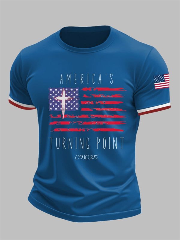Mens Charlie Kirk Turning Point Flag Cross Short Sleeves T shirt 2