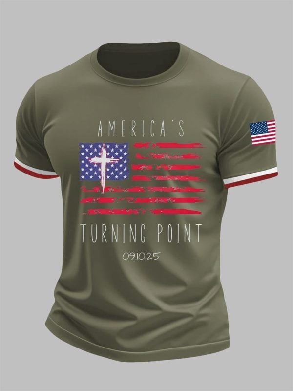 Mens Charlie Kirk Turning Point Flag Cross Short Sleeves T shirt 3