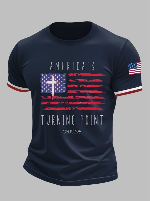 Mens Charlie Kirk Turning Point Flag Cross Short Sleeves T shirt 4