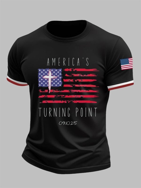 Mens Charlie Kirk Turning Point Flag Cross Short Sleeves T shirt
