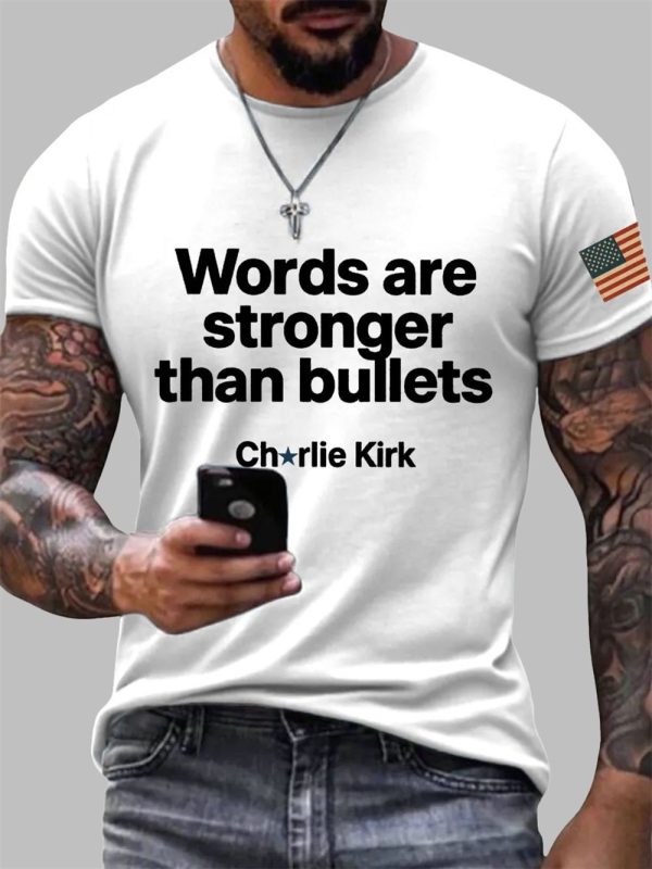 Mens Charlie Kirk Words Are Stronger Than Bullets Print T Shirt 2