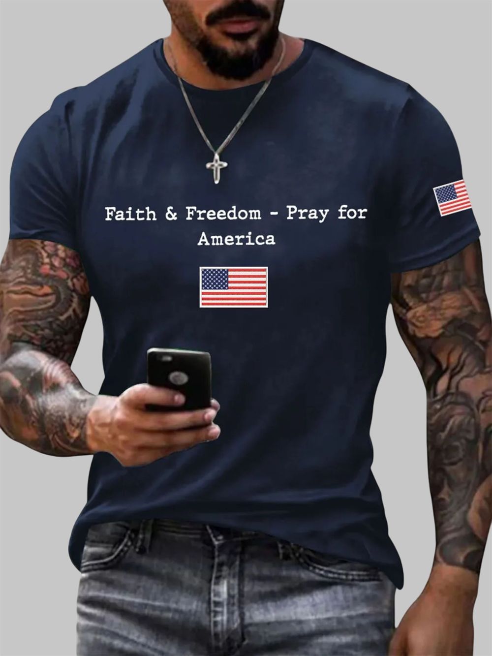 Men's Faith And Freedom Pray For America Printed Round Neck T-Shirt Men's Faith And Freedom Pray For America Printed Round Neck T-Shirt
