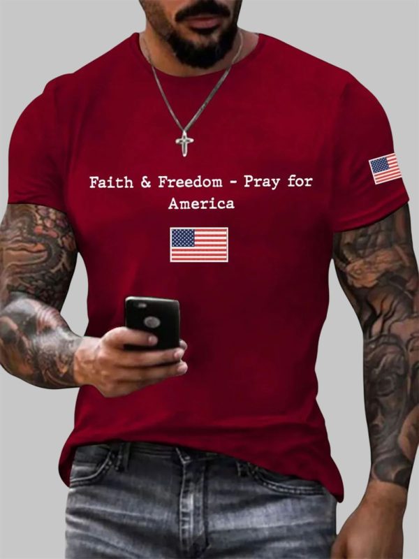 Mens Faith And Freedom Pray For America Printed Round Neck T Shirt 2