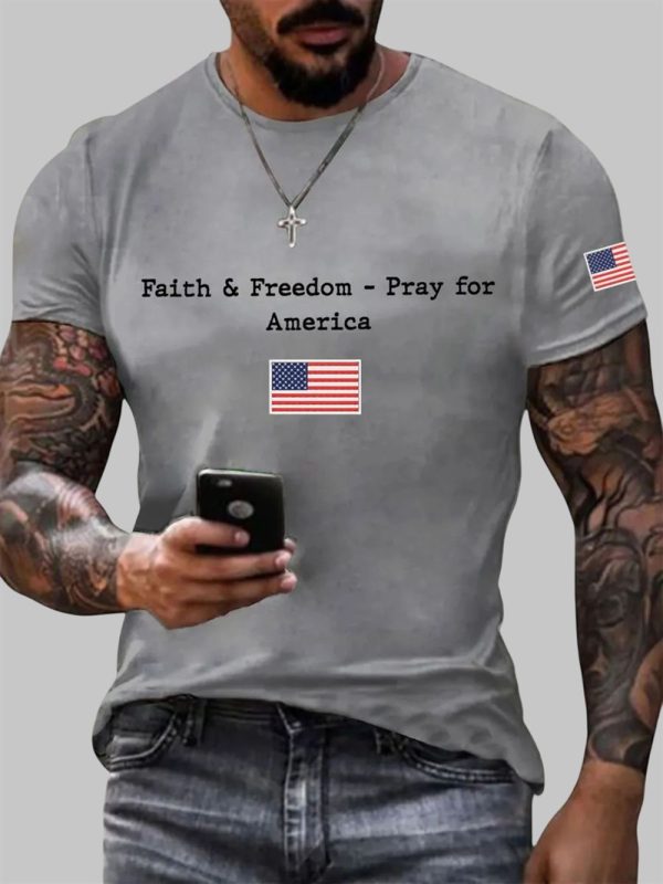 Mens Faith And Freedom Pray For America Printed Round Neck T Shirt 3