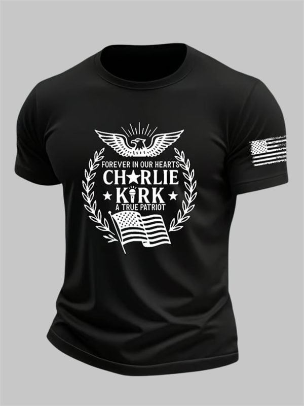 Men's Forever In Our Hearts A True Patriot Charlie Kirk Print T-shirt