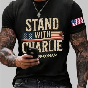 Men's Stand With Charlie Kirk Print Round Neck T-Shirt