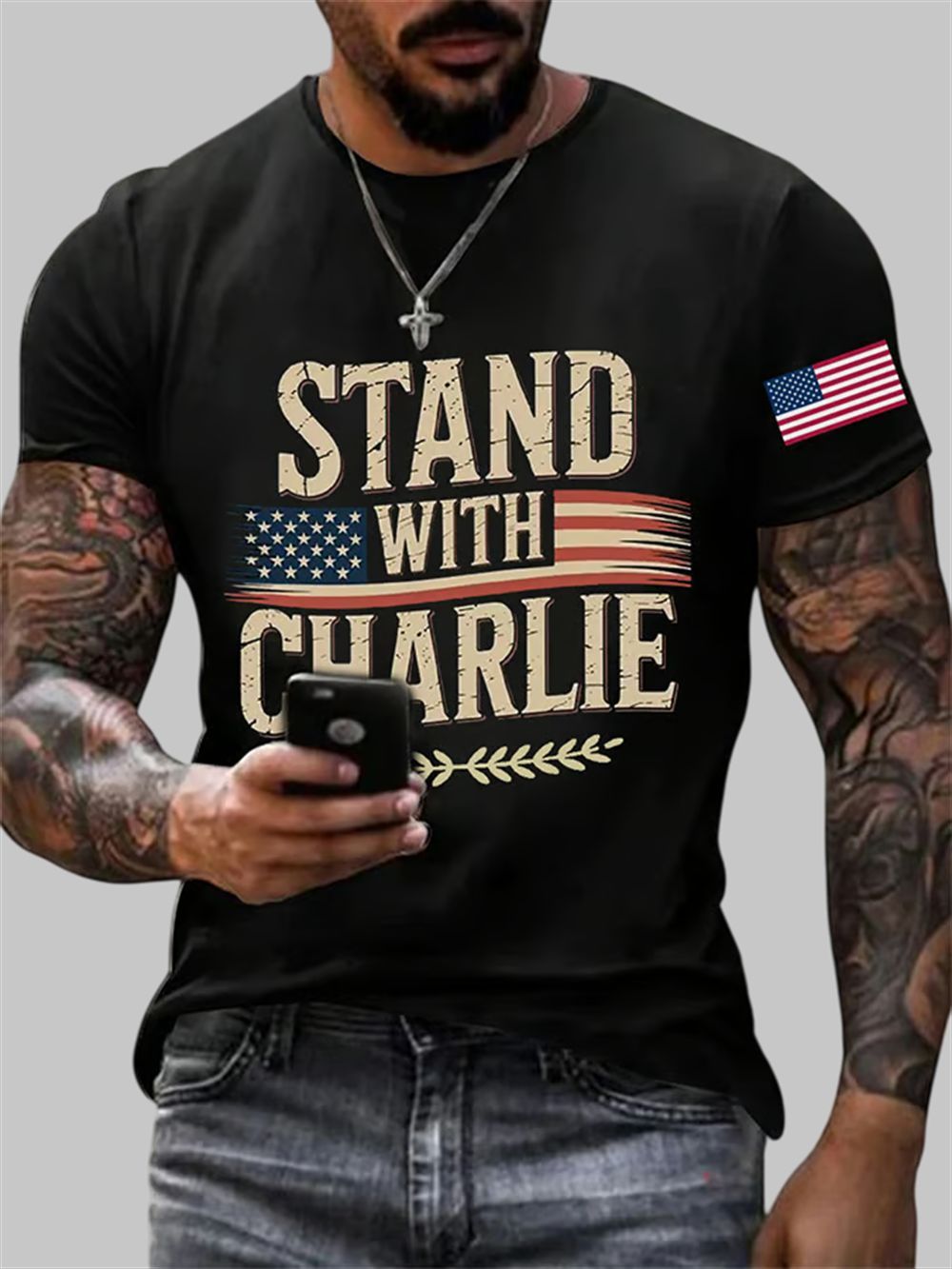 Men's Stand With Charlie Kirk Print Round Neck T-Shirt Men's Stand With Charlie Kirk Print Round Neck T-Shirt