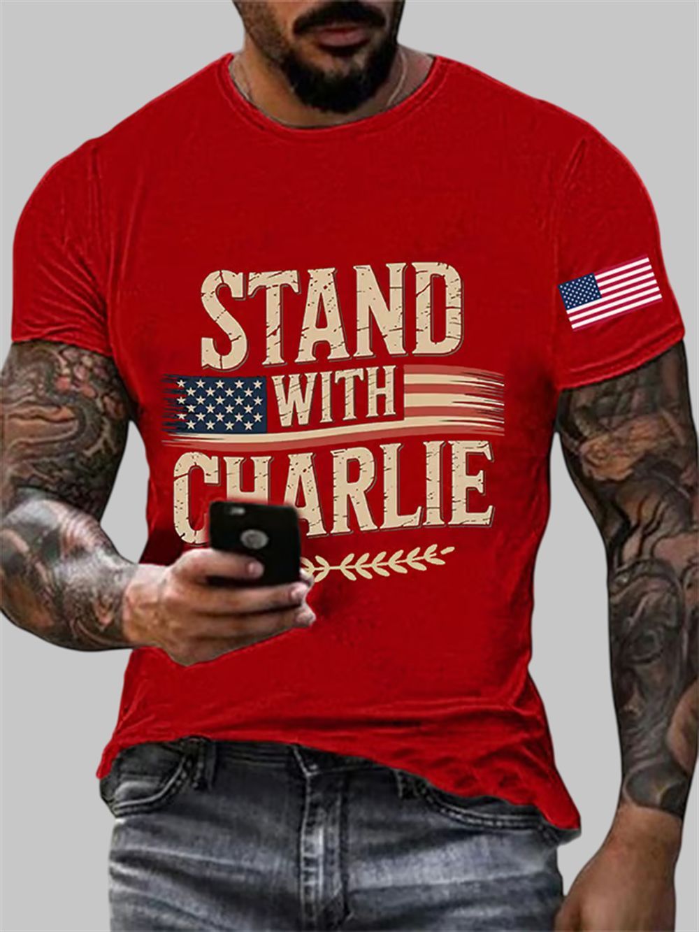 Men's Stand With Charlie Kirk Print Round Neck T-Shirt 2 Mens Stand With Charlie Kirk Print Round Neck T Shirt 2