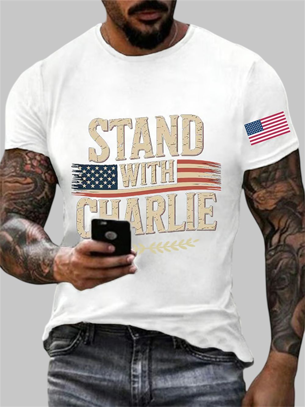 Men's Stand With Charlie Kirk Print Round Neck T-Shirt 3 Mens Stand With Charlie Kirk Print Round Neck T Shirt 3