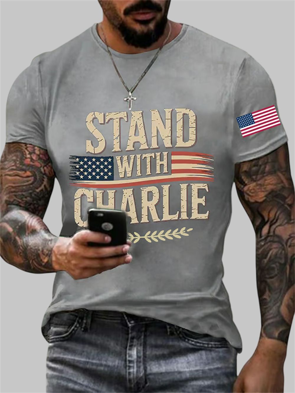 Men's Stand With Charlie Kirk Print Round Neck T-Shirt 4 Mens Stand With Charlie Kirk Print Round Neck T Shirt 4