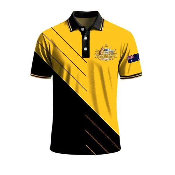 Mens Striped Australian Kangaroo and Emu Emblem Polo Shirt 1 2