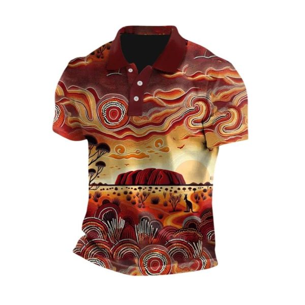 Mens Vintage Australian Kangaroo Uluru Sunset Aboriginal Dot Art Painting Polo Shirt 1 2
