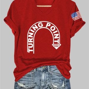 V Neck Retro Turning Point Charlie Kirk Print T Shirt 1