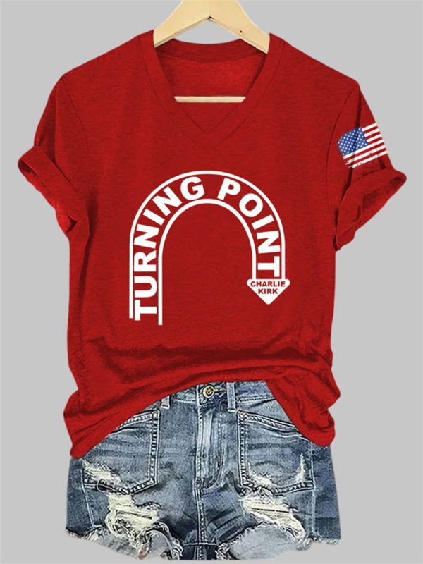 V Neck Retro Turning Point Charlie Kirk Print T Shirt 1
