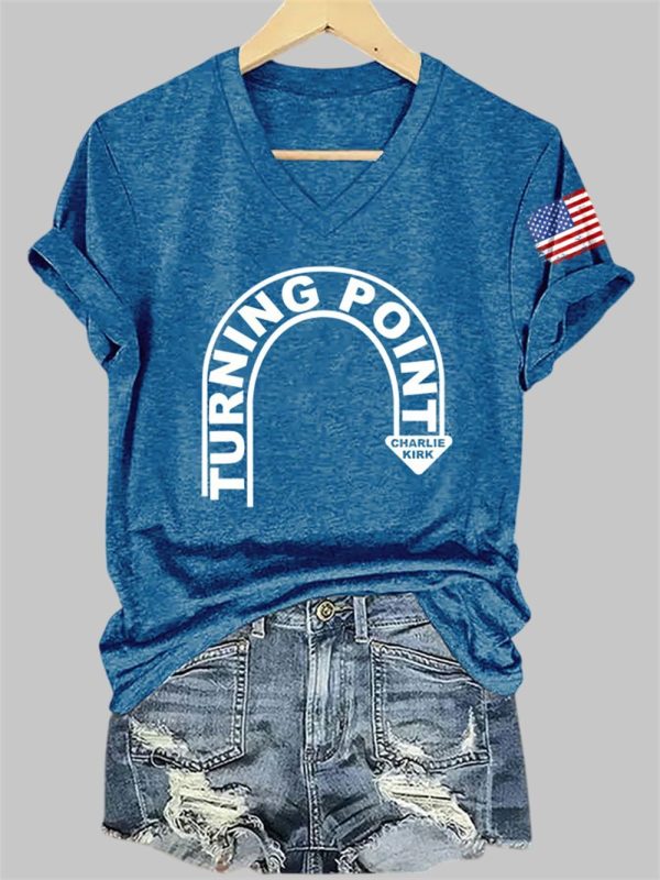 V Neck Retro Turning Point Charlie Kirk Print T Shirt 2