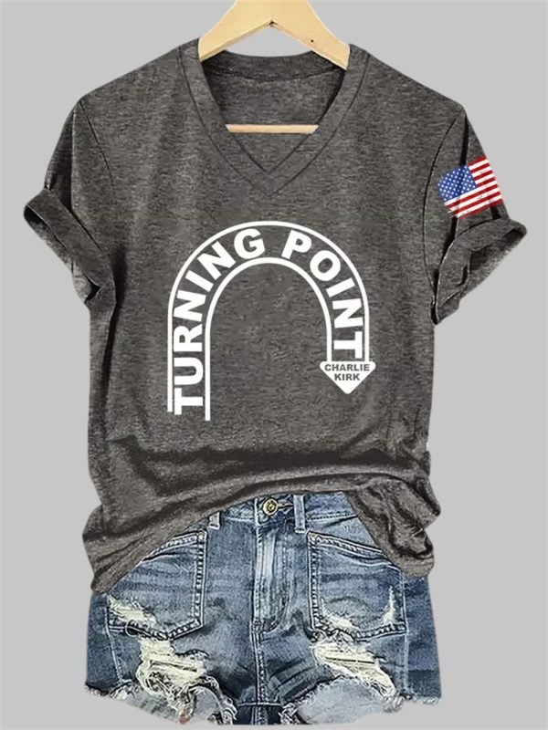 V Neck Retro Turning Point Charlie Kirk Print T Shirt 4