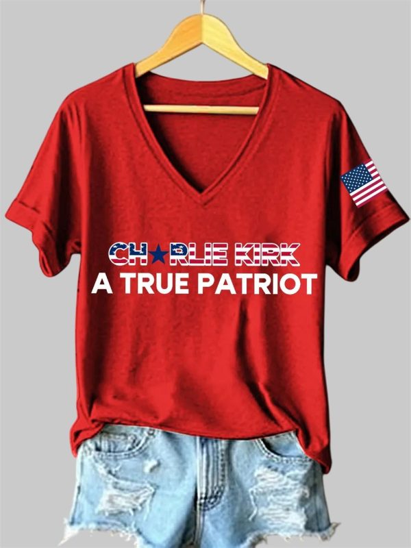 Womens Charlie Kirk A True Patriot Print V Neck T Shirt 2