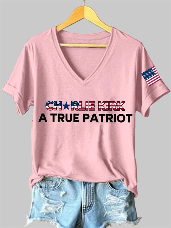 Womens Charlie Kirk A True Patriot Print V Neck T Shirt 3