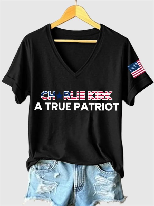 Womens Charlie Kirk A True Patriot Print V Neck T Shirt 4