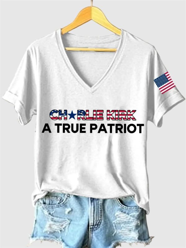 Womens Charlie Kirk A True Patriot Print V Neck T Shirt 5
