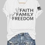 Women's Charlie Kirk Faith Family Freedom Printed V-neck T-shirt