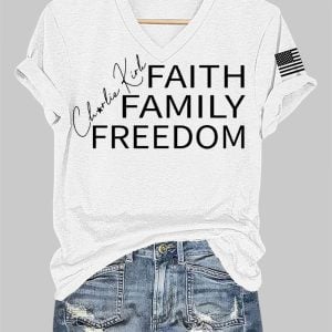 Women's Charlie Kirk Faith Family Freedom Printed V-neck T-shirt