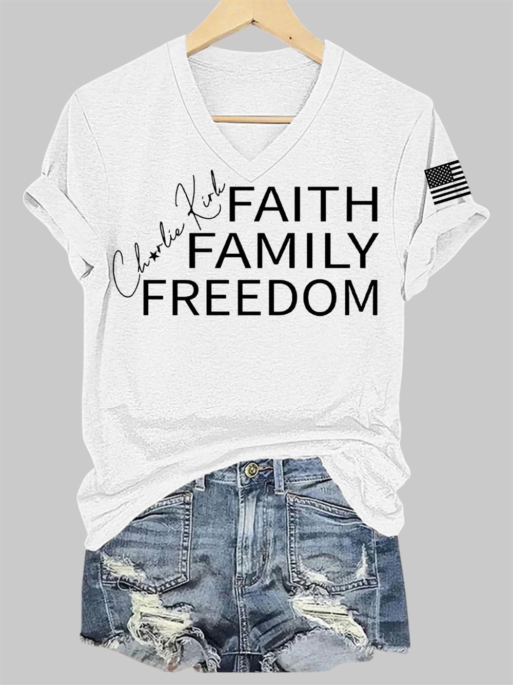 Women's Charlie Kirk Faith Family Freedom Printed V-neck T-shirt Women's Charlie Kirk Faith Family Freedom Printed V-neck T-shirt