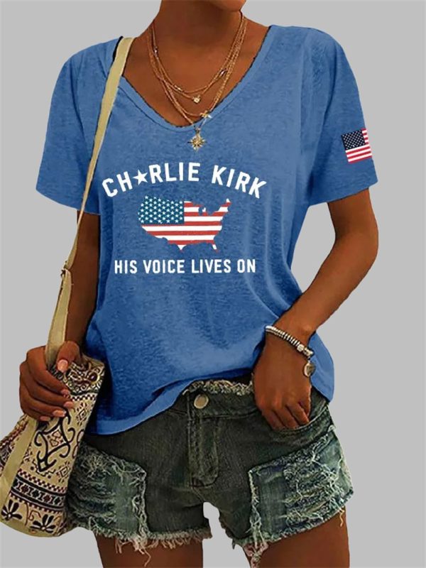 Womens Charlie Kirk His Voice Lives On Printed Casual T shirt 2