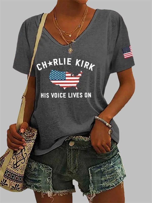 Womens Charlie Kirk His Voice Lives On Printed Casual T shirt 3