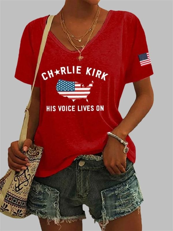 Womens Charlie Kirk His Voice Lives On Printed Casual T shirt 4