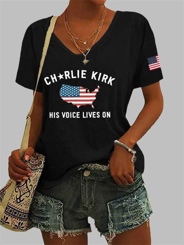 Womens Charlie Kirk His Voice Lives On Printed Casual T shirt 5