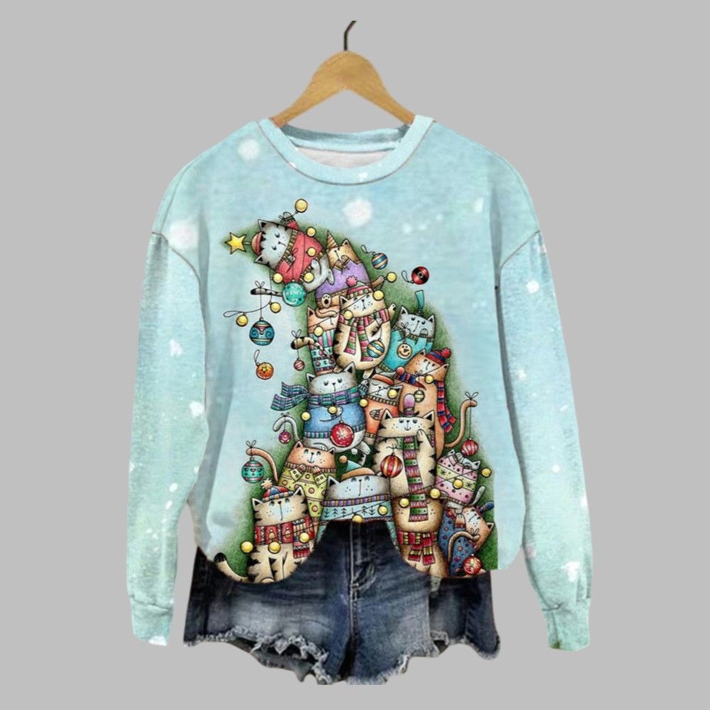 Women's Christmas Tree Cute Cat Printed Sweatshirt 2025 Christmas Women's Christmas Tree Cute Cat Printed Sweatshirt 2025 Christmas