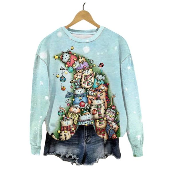 Womens Christmas Tree Cute Cat Printed Sweatshirt 2025 Christmas 1 2