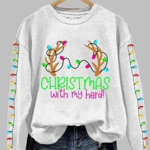 Women's Christmas With My Herd Print Crew Neck Sweatshirt 2025 Christmas