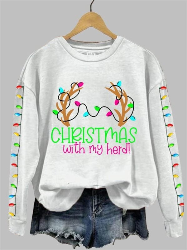 Women's Christmas With My Herd Print Crew Neck Sweatshirt 2025 Christmas