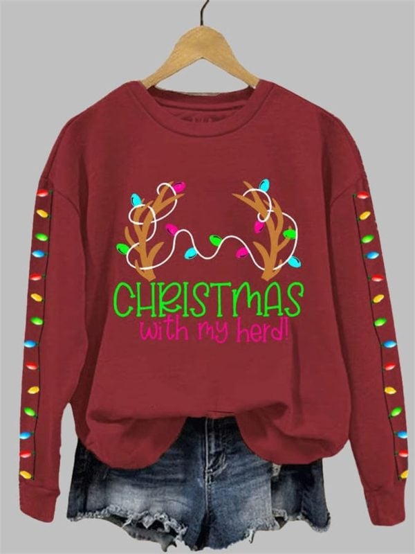 Womens Christmas With My Herd Print Crew Neck Sweatshirt 2025 Christmas 2