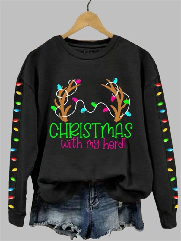 Womens Christmas With My Herd Print Crew Neck Sweatshirt 2025 Christmas 3