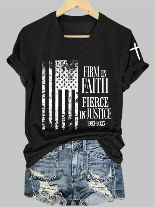 Womens Firm In Faith Fierce In Justice Charlie Kirk Print V Neck T shirt 2
