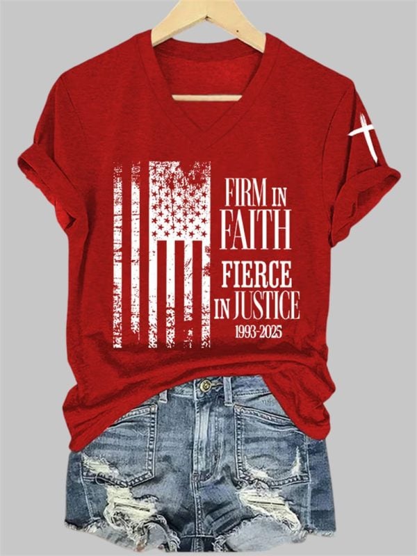 Womens Firm In Faith Fierce In Justice Charlie Kirk Print V Neck T shirt 3