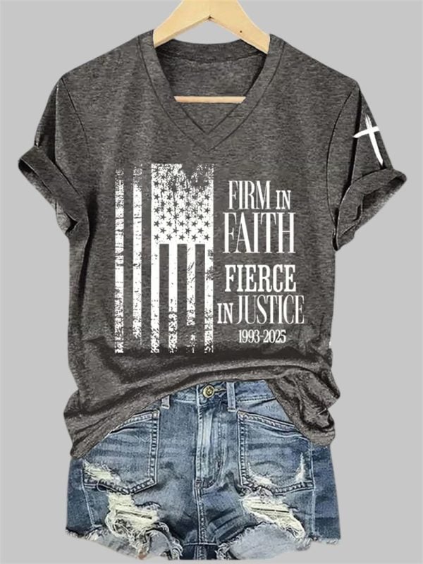 Womens Firm In Faith Fierce In Justice Charlie Kirk Print V Neck T shirt 4