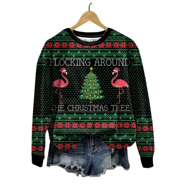 Womens Flamingo Flocking Around Christmas Tree Casual Sweatshirt 2025 Christmas 1 2