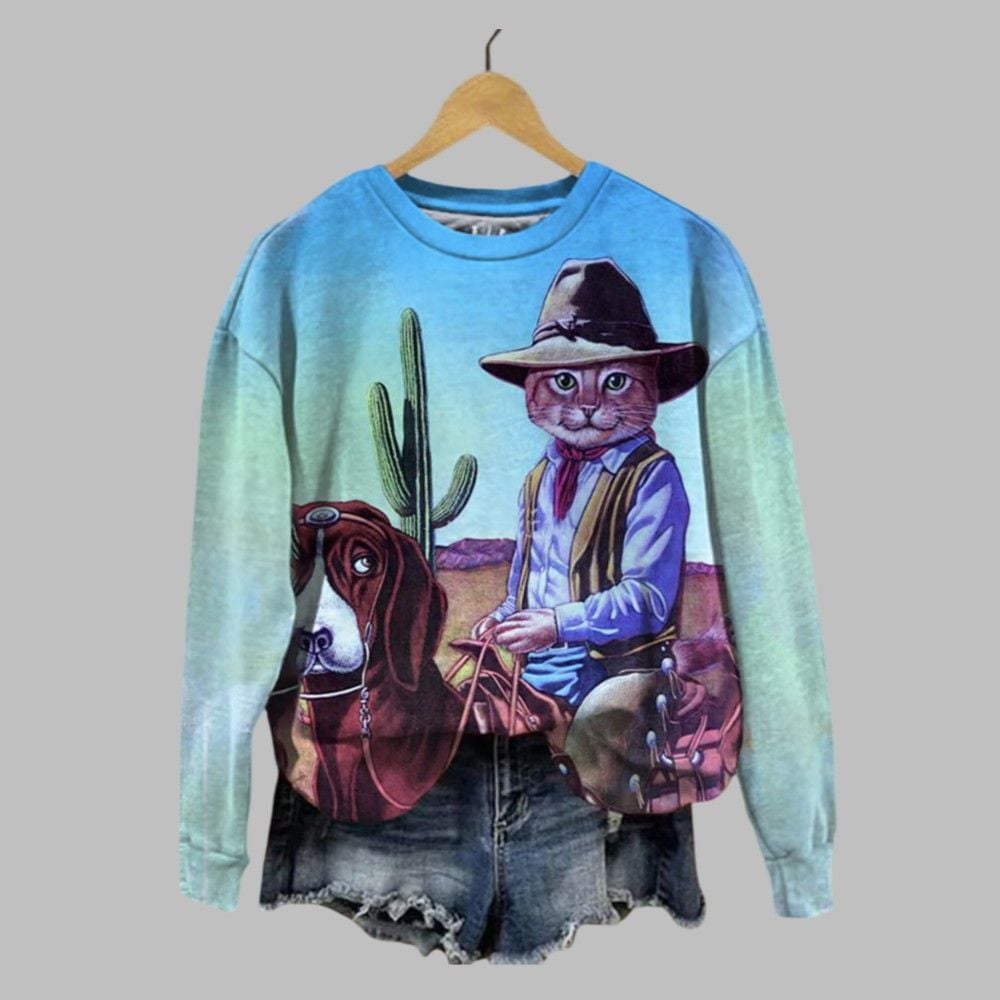 Women's Funny Western Cowboy Cat Print Sweatshirt Women's Funny Western Cowboy Cat Print Sweatshirt