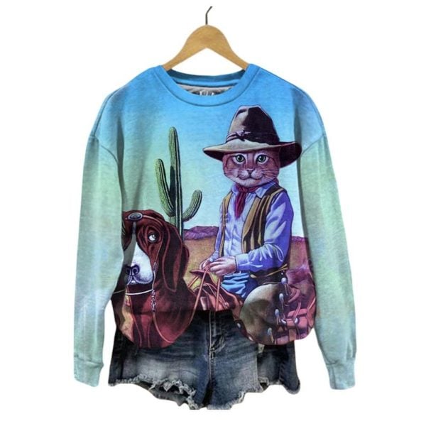 Womens Funny Western Cowboy Cat Print Sweatshirt 1 2