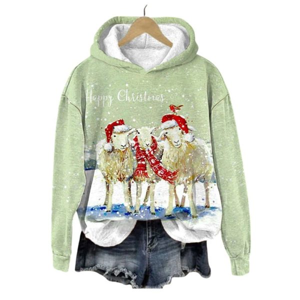 Womens Happy Christmas Sheep Print Hoodie 2025 Christmas 1 2