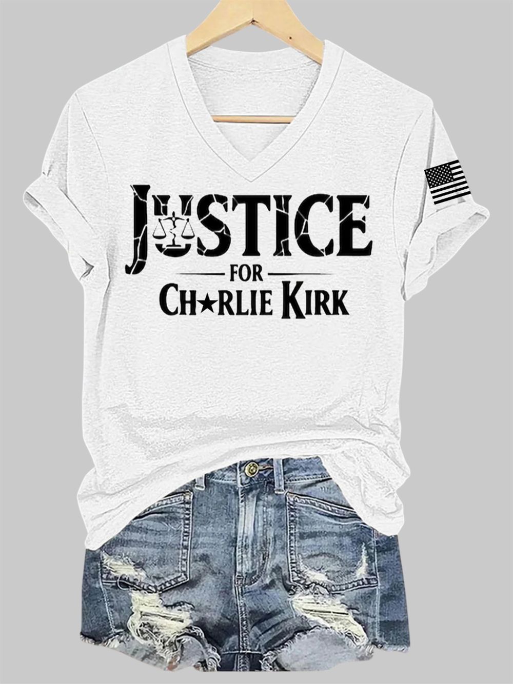 Women's Justice For Charlie Kirk Printed V-neck T-shirt Women's Justice For Charlie Kirk Printed V-neck T-shirt
