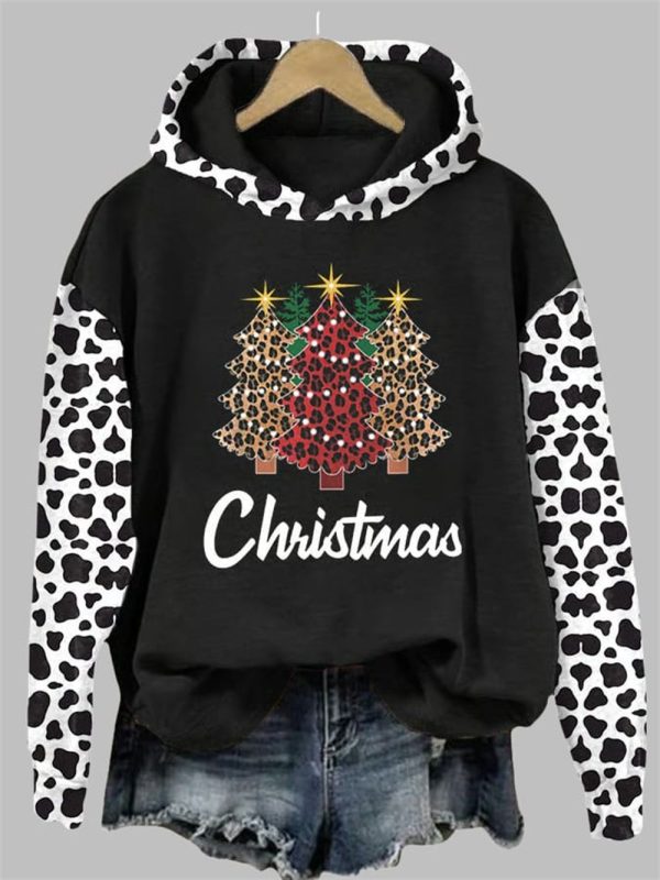 Women's Leopard Christmas Tree Print Hoodie 2025 Christmas