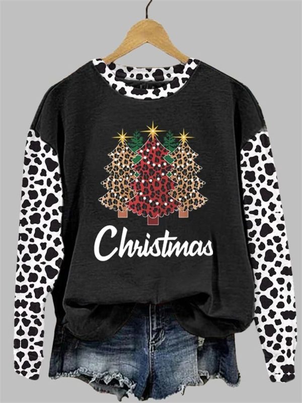 Women's Leopard Christmas Tree Print Sweatshirt 2025 Christmas