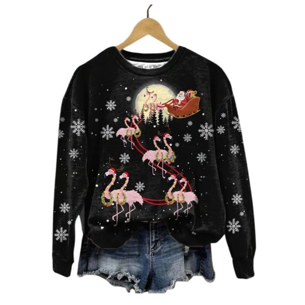 Womens Merry Christmas Flamingo Christmas Tree Casual Sweatshirt 1 2