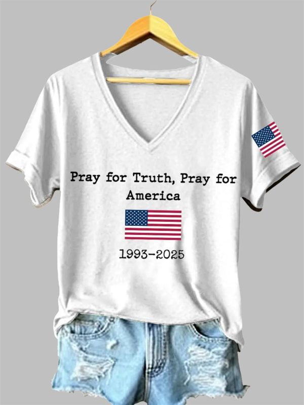 Womens Pray For Truth Pray For America Charlie Kirk Print V Neck T Shirt 2